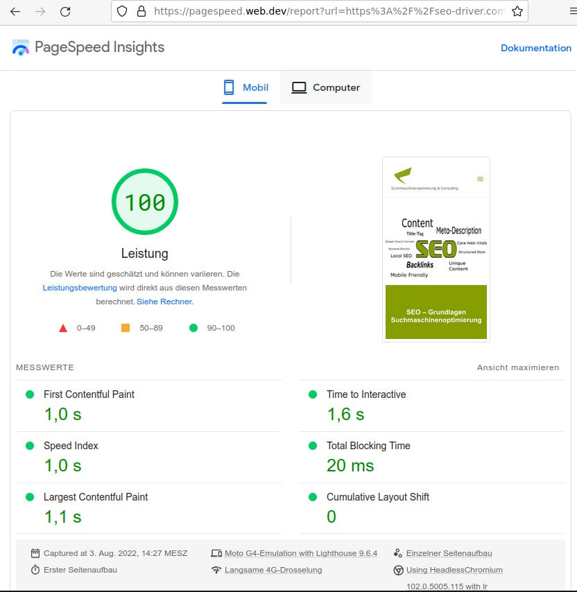 Suchmaschinenoptimierung heisst immer auch die Performance der Seite verbessern. Hier sehen Sie die Core Web Vitals von seo-driver.com: 100% für Mobile und Desktop - gemessen mit Google Page Speed Insights.